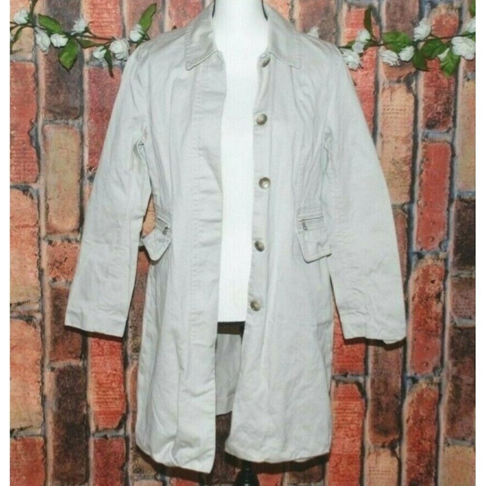 Ann Taylor Ladies M Khaki Button Front Trench Coat Classic Heavyweight Pockets